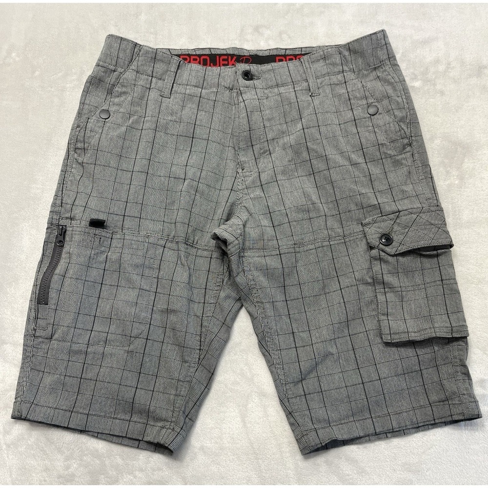 Projek Raw Act I Flex Cargo Short Men 33 Gray Plaid Stretch 12'' inseam Outdoor